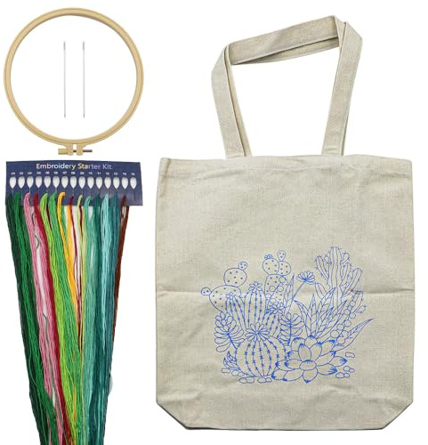 Namvo Stickset für Leinen-Tragetaschen, Stickset für Anf?nger mit Muster und Anleitung, inklusive Sticktasche mit Blumenmuster, Stickrahmen, bunten F?den und Werkzeugen für DIY-Kunst, Handwerk