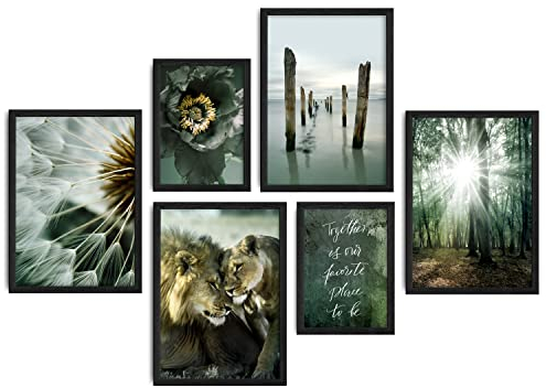 decomonkey | 6er Poster Set mit schwarzem Rahmen | Natur Pflanzen | 2 x DIN A4 & 4 x DIN A3 | Wohnzimmer Schlafzimmer Wandposter Blider Collage Modern Wanddeko Grün Tiere Wald Meer Blumen Sprüche