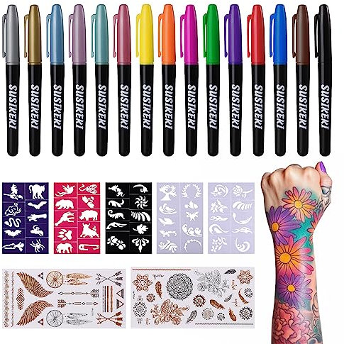 Marqueurs de tatouage temporaire pour peau, 15 couleurs + 50 pochoirs de peinture + 43 autocollants de tatouage, ensemble de marqueurs à paillettes, mats et fluo fluorescents, kit de faux tatouages