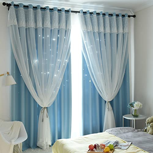 Freyamy Gardinen Mädchen Blau Schlaufenschal 2er Set Glänzend Sterne Spitze Vorhänge mit Ösen,Blickdicht Vorhang für Kinderzimmer Schlafzimmer Wohnzimmer Verdunkelungsvorhang 130 X 100 cm (HxB)