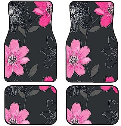 Evanem Lot de 4 tapis de sol de voiture avec motif floral rose et noir - Tapis de sol imperméable et antidérapant pour SUV, camion, voiture