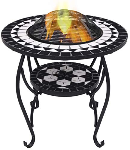 LAPOOH Feuertisch Mosaik Keramik Schwarz und Weiß 68 cm, Heizpilz Gas Terrasse, Feuerstelle Outdoor, Terrassenheizer, Tisch Kamin