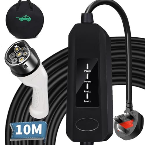 EV Charger Cable Type 2 to 3 Pin Plug, Electric Car Charging Cable, Max.3kW Electric Car Charger, with a Carry Bag (10M Cable & Signal Indicator)
