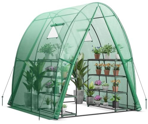 COSTWAY Foliengewächshaus Gewächshaus, Treibhaus mit Allwetter-PE-Abdeckung, Rolltür und Fenster, Tomatengewächshaus Tomatenhaus, Pflanzenhaus für Tomaten & Topfpflanzen (181x181x200 cm, Grün)