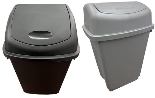 Pluto Packaging Home Kitchen Office Plastic Black Or Silver Bin Rubbish Waste Trash Bin With Swing Lid (Silver - 2 x 50 Litre)