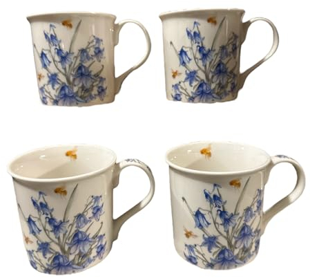 Tamersgifts Set of 4 Floral Mugs Set 330ml Fine China Coffee Tea Cups Home (Bluebells)
