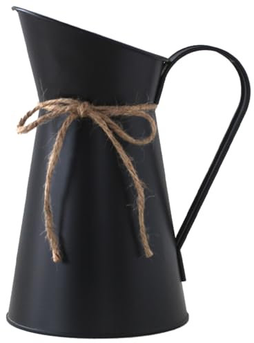 VOSAREA Vintage French Pitcher Vase, Galvanized Rustic Vases 7.6inch Small Water Jug Metal Bucket Milk Can with Handle Rope for Dried Flowers Farmhouse Pot Black