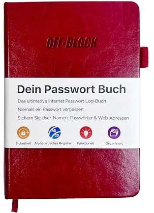 OFF-Block Dein Passwort Buch I mit A-Z Register I Organizer für Passwörter, Benutzernamen, Webseiten und mehr I mit Stiftschlaufe I Gummiband I Dokumententasche innen (bordeaux)