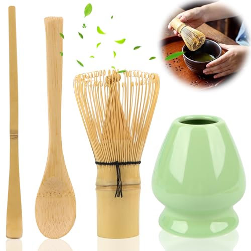 Matcha Kit Set, Japanisches Matcha Schneebesen Set,Matcha-Schneebesen,Traditionelle Schaufel,Schneebesenhalter,Bambusbesen Matcha (4pcs) (Grün)