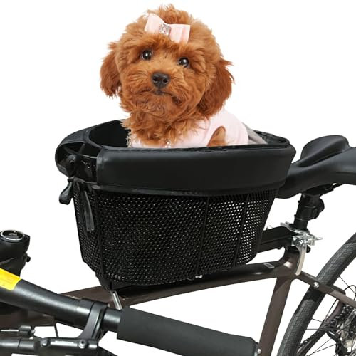 Hunde-Fahrradkorb, verstellbarer Sicherheitsgurt, Haustier-Fahrradkorb, Fahrradkorb mit schwarzem Futter, für bis zu 6,8 kg kleine Hunde, Katzen, Haustiere (schwarz)