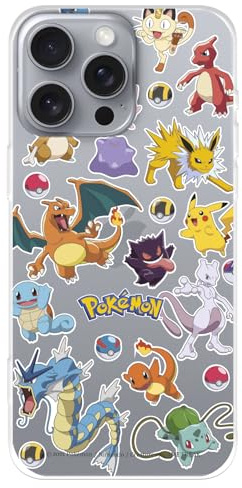 Schutzhülle kompatibel mit iPhone 16 Pro Max, offizielle Pokémon-Sticker und Pokeball zum Schutz Ihres Handys. Flexible transparente Silikonhülle mit offizieller Pokémon-Lizenz