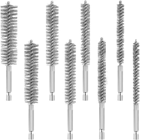 8pcs Stainless Steel Wire Bore Brushes, Wire Brush for Drill, Wire Brush Set with 1/4 Inch Hex Shank, Tube Cleaning Brush Copper Pipe Cleaner for Power Drill