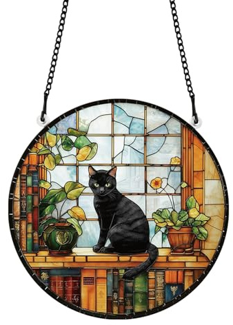 PLIGREAT Schwarze Katze Sonnendekor Acryl für Garten | Niedliche Hängende Dekoration für Wohnzimmer Schlafzimmer Fenster Wandkunst Dekor Erinnerungs-Geschenk für Katzenliebhaber
