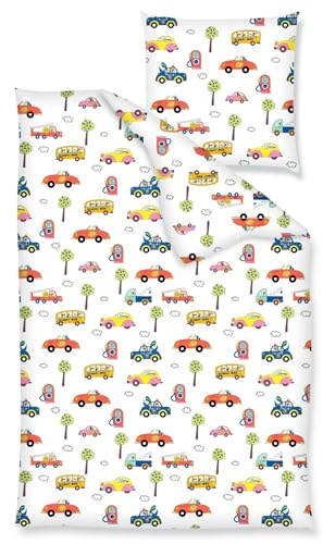 JACK Kinder Renforce Baby Bettwäsche 2 TLG. 100x135cm Autos Fahrzeuge Feuerwehr Bus Bunt Reißverschluss