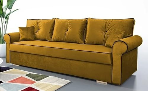 SeproMeble Schlafsofa TOP, Sofa mit Schlaffunktion und Bettkasten, Klappsofa, Schlafcouch mit schwarzen Knöpfen, Couch in Frabe: Orange, Couchgarnitur: Velourstoff