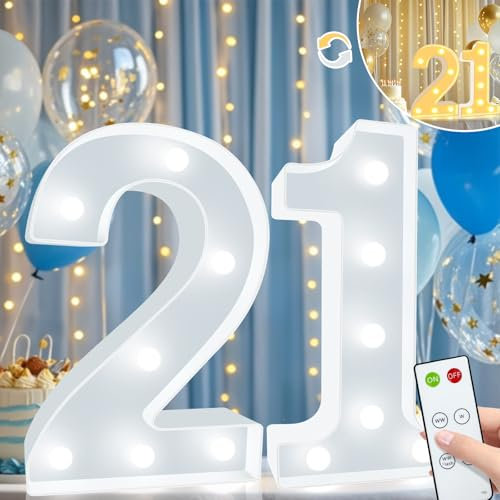 Light Up Numbers Birthday Decorations, Marquee Number Lights Sign with Remote, Lighted Numbers for 21st Birthday Wedding Anniversary Party Backdrop Wall Decor, Cool White and Warm White Number 21