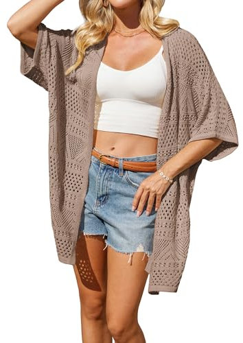 GRACE KARIN Cardigan estivo da donna all'uncinetto, aperto sul davanti, maniche a pipistrello, stile boho, kimono, vestibilità larga, maglieria per le vacanze, cachi, L