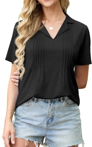 GRECERELLE Women Summer Tunic Short Sleeve Tops for Women UK V Neck Elegant Casual Ladies Pleated Floral Blouse Shirts (Black, L)