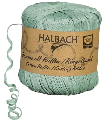 Halbach Baumwoll-Ringelband, 4 mm x 100 m, salbeigrün | Ringelband aus 100 % Baumwolle mit Öko-Tex zertifizierung, Baumwoll-Raffia zum Ringeln und Einpacken von Geschenken