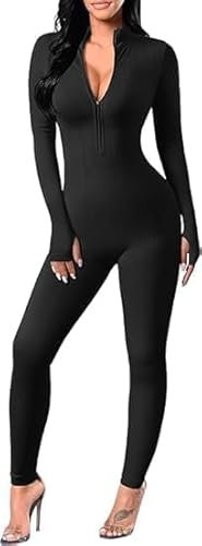 Yaaapiy Damen Sport Jumpsuit Lang Eng Yoga Overall Langarm V-Ausschnitt Playsuits mit Reißverschluss Jogging Strampler Hosenanzug Trainingsanzug (nero, M)