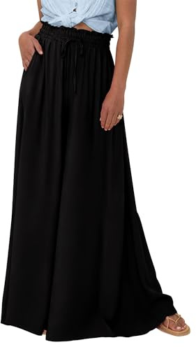 EIRUKON Pantalon Fluide Femme Large Taille Haute Chic et Elegant Pantalon Palazzo avec Poches Décontracté Couleur Unie/Imprimé Bohème Taille Elastique Baggy Pantalons de Plage