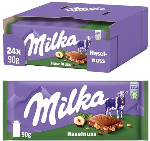 Milka Alpenmilch-Schokoladentafel mit Haselnussstückchen – Tafelschokolade mit knackigen Nussstücken – 24 x 90g