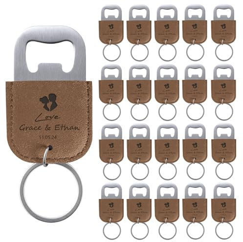 20 Pcs Personalised Bottle Opener Keyring Wedding Favors for Guests Leather Beer Bottle Opener Keychain Laser Engraved Custom Gifts, Khaki