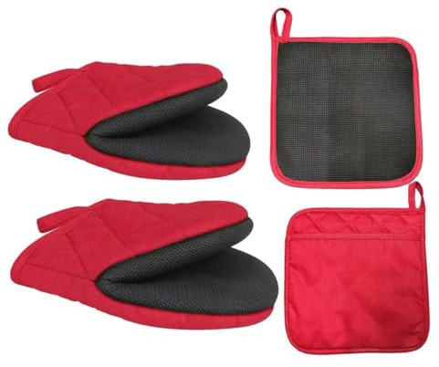 Juego de 4 manoplas de horno y soportes para ollas, guantes de silicona resistentes al calor y soportes para ollas para 500 grados, superficies de agarre antideslizantes con lazo para colgar para
