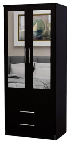 Fully Assembled 2 Door Modern 2 Mirrored Wardrobe with 2 Drawer Wardrobe – Freestanding Bedroom Storage Cabinet with Hanging Rail, 78W x 184H x 50D cm,Multiple Colours Available (BLACK)