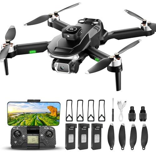 HYTOBP S165 Drones with Camera, 1080 HD Drone for Kids and Adults with Brushless Motor,5G Transmission, 90° Adjustable Motorized, 3 Batteries, Kids Gift Toys,Black medium