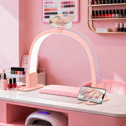 SMOCTAR Halbmond Lampe für Nagel Schreibtisch, Faltbare LED Nageltischlampe für Nail Tech mit Telefonhalter, Halbmond Licht Ästhetiker Wimpern Licht (Rosa)