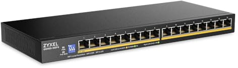 Zyxel Netzwerk Switch 16 Port | Unmanaged GbE PoE+ | GS1100-16EPS | 16x GbE PoE+ mit 135W Budget, DIP-Schalter, Lüfterlos, Schlankes Design, Wandmontage Kit, Plug-and-Play