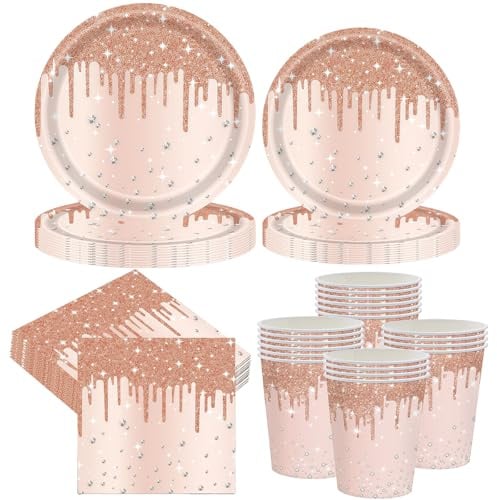 80 Pcs Rose Gold Diamond Party Tableware Set, Rose Gold Paper Plates Cups and Napkins for 20 Guests, Sparkling Birthday Party Supplies for Her Girls Women, Baby Shower Wedding Table Decorations