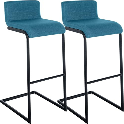 CLP Barhocker 2er Set mit Lehne Newport, Barstühle Küche mit schwarzen Edelstahlgestellen und integrierter Fußstütze Farbe blau Material Stoff