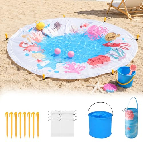 Piscina de Playa Plegable, SGZIOO Piscina Bebe 140 cm, Incluye Bolsa de Transporte y Estacas de Fijación, Plegable, a Prueba de Arena, para Viajes, Vacaciones, Pícnics, Jardines y Refugios de Playa