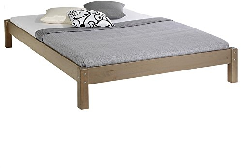 Futonbett Taifun aus massiver Kiefer in Taupe, schönes Bett in 140 x 190 cm, praktisches Bettgestell mit Holzfüße