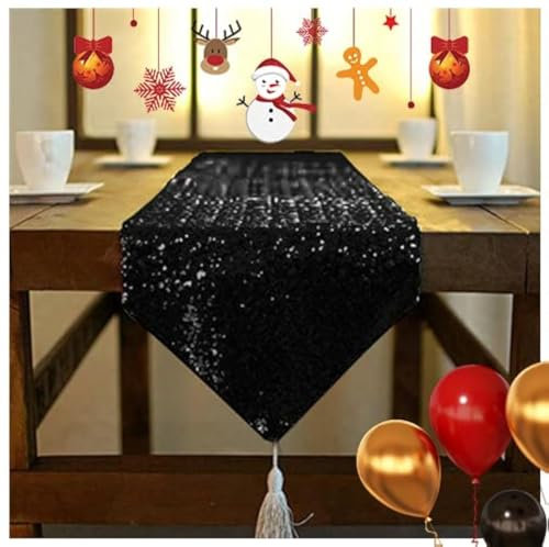 ShinyBeauty Tischläufer mit Quaste schimmerndes Grün 30 x 180 cm mit Glitzer und runden Pailletten Tischläufer für Party Hochzeit Bankett Tischdecke dekorativ Silber 12x72-Inch (Schwarz, 30x275cm)