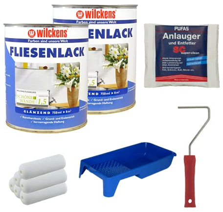 Set 2x Fliesenlack 0,75 Liter (weiß) mit 1x Anlauger und Entfetter Pulver 100 Gramm + Farbroller + Farbwanne + 6x Walze