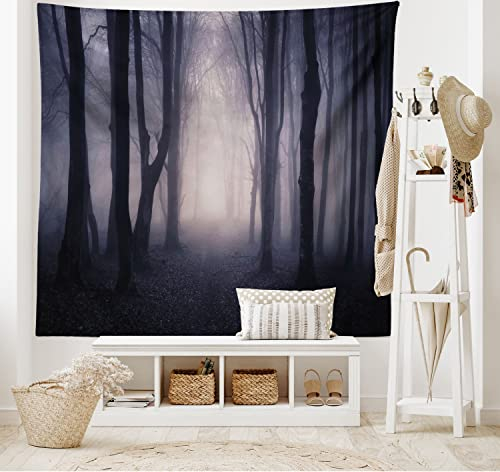 ABAKUHAUS Wald Wandteppich, Path in Dark Deep Woodland Fog Halloween Creepy Twisted Branches Bild, aus Weiches Mikrofaser Stoff Wand Dekoration Für Schlafzimmer, 150 x 110 cm, Dunkelgrau Violett