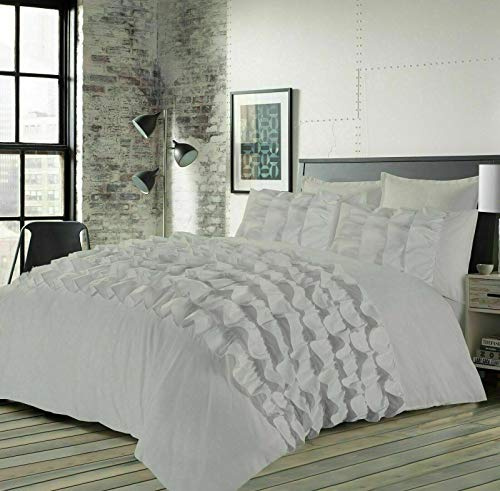 EHD Priscilla Frills Luxurious Designer Style Duvet Cover Sets Quilt Cover Sets Bedding Sets (Grey/Silver, Double)