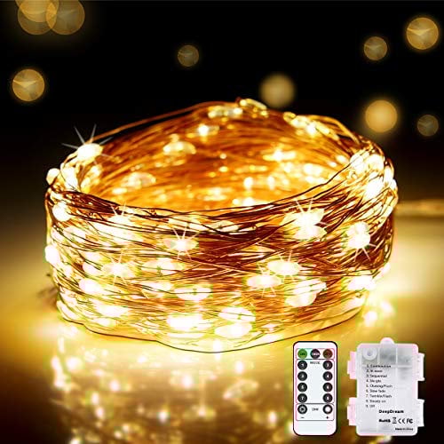 DeepDream 20M 200 LED Fairy String Lights, Battery Powered 8 Modes Copper Wire Waterproof Twinkle Lights with Remote Control Indoor Outdoor for Bedroom Party Wedding Christmas Decoration, Warm White