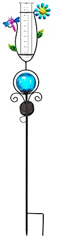 Bonetti Regenmesser mit LED Beleuchtung für den Garten, 2-in-1 Funktion, Metall-Erdspieß, farbige Glaskugel in Bruchglas-Optik, Niederschlagsmesser aus Glas (blau mit Libelle & Blume)