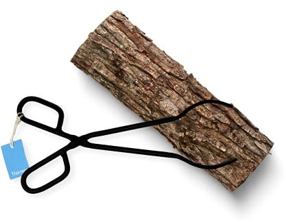 Schwarze robuste Kaminholzzange aus Gusseisen für den Innen- und Außenbereich – lange Holzpinzette – Brennholz & Lagerfeuerzange