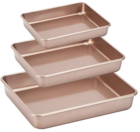 Kazozobi 3-Pack Roasting Pan Set, Nonstick Baking Tray, Rectangular Bakeware for Oven, Non-Toxic Coating and Durable Quality (Champagne Gold)