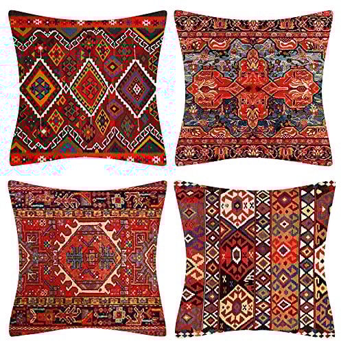 Dekorative Kissenbezüge 40 x 40 cm 4er Set Stammes-Abstraktes Rot Orientalisch Kissenbezug Teppich Muster Kissen Dekokissen Böhmischen Kissenhüllen Leinenkissen Sofa Deko