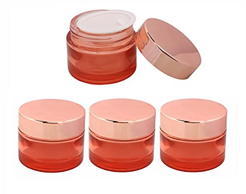 4 Pack Cosmetic Jar Empty Pink Glass Jar Travel Cream Jar Makeup Sample Container Pot For Cream Lotions Scrubs Lip Balm With Inner Liner And Rose Gold Lids, 50g/1.7oz