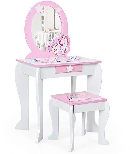 GOPLUS Schminktisch Kinder, Frisiertisch mit Hocker & abnehmbarem Spiegel & Schublade, Kosmetiktisch mit Haarband & Haarspange, Schminktisch Einhorn aus Holz für Mädchen ab 3 Jahren (Weiß)