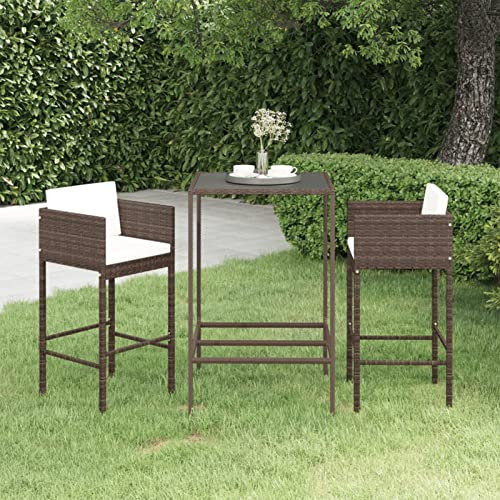 Gecheer 3-TLG. Gartenbar-Set mit Kissen, Balkonmöbel Bartisch mit Glas-Tischplatte & 2 Poly Rattan Hocker, Gartenmöbel Gartentheke Barhocker Poly Rattan Braun