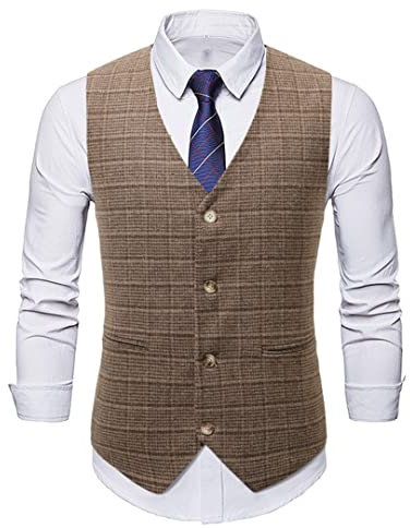 Men's Vintage Plaid Check Dress Vests Slim Fit V Neck British Formal Business Suit Vest Asian Size M