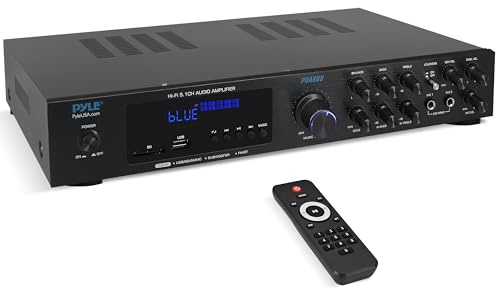 Pyle Bluetooth 5.1 Amplifier - Home Audio / Theater / Karaoke Receiver with 5 Channels and Subwoofer Out - 2 Mic Inputs w/ Echo, USB-A / SD Reader with MP3 Player, RCA In - PDA8BU